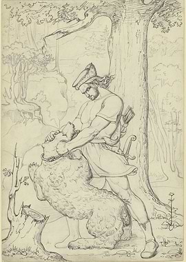 Man Taming a Bear in Forest