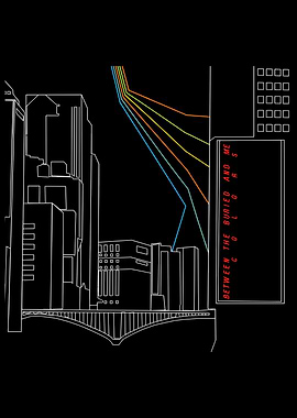 Cityscape with Colorful Lines and Text