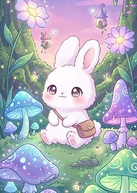 Cute Bunny in a Magical Mushroom Forest