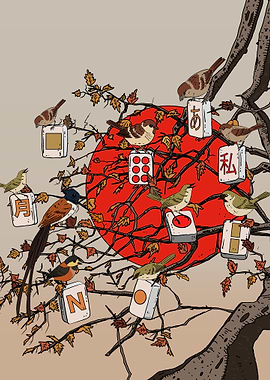 Birds and Mahjong Tiles on a Branch