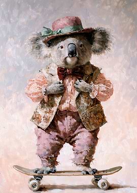 Koala on Skateboard in Vintage Clothes