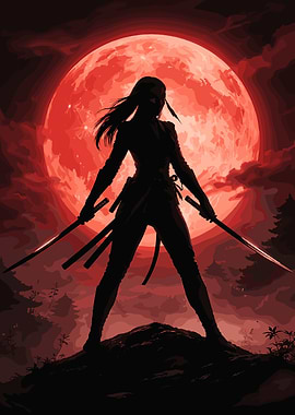 Ninja Silhouette Under a Blood Moon
