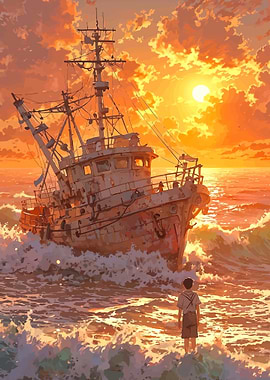 Boy Watches Shipwreck at Sunset