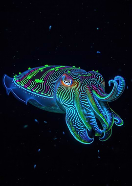 Bioluminescent Cuttlefish in Dark Water