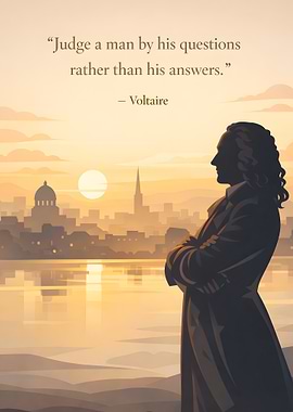 Voltaire overlooking a city at sunset