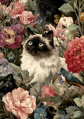Siamese Cat in a Floral Garden
