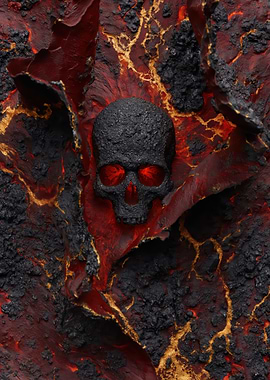 Skull with Glowing Red Eyes on Lava Background
