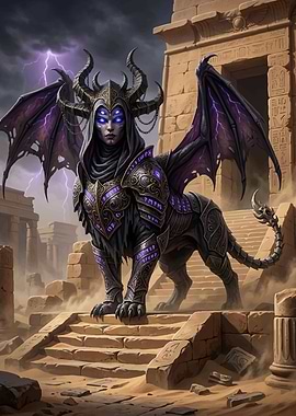 Mythical Sphinx with Wings and Horns