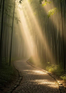 Sunbeams in a Bamboo Forest Path