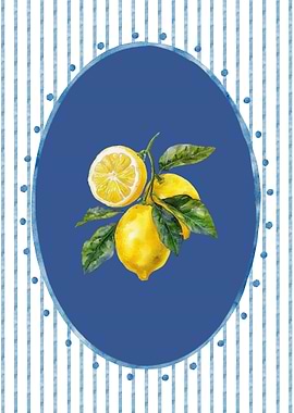 Watercolor Lemons on Blue Striped Background