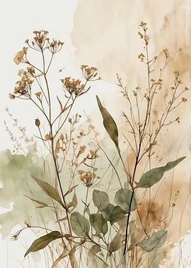 Watercolor Wildflowers and Leaves