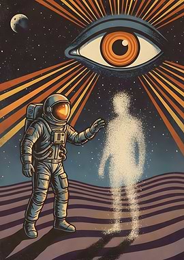 Astronaut encounters ethereal figure under cosmic eye