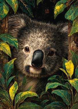 Detailed Koala Illustration Green Leaves