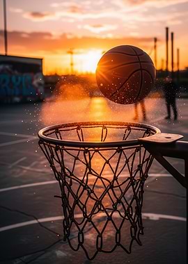 Basketball going into hoop at sunset
