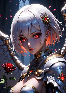 Anime Angel Warrior with Red Rose