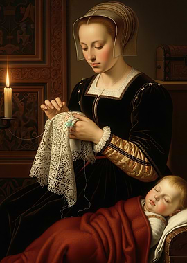 Mother Sewing by Candlelight with Sleeping Child