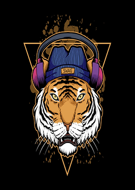Tiger wearing headphones and beanie