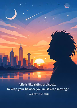 Einstein silhouette with cityscape and quote