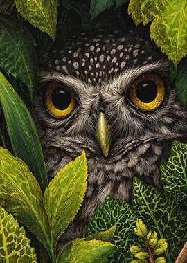 Detailed Owl Illustration Green Leaves