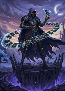 Mysterious Card Mage in a Fantasy Landscape