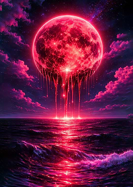 Crimson Moon Over Ocean