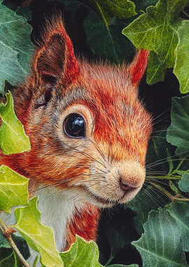 Detailed Red Squirrel Green Leaves