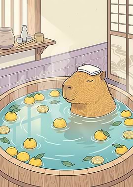 Capybara enjoying a citrus bath