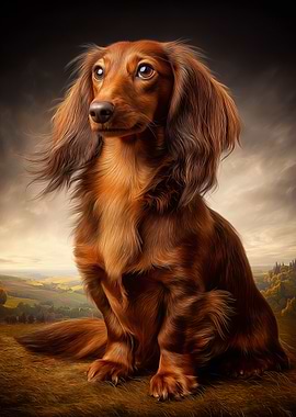 Long-haired Dachshund in a Landscape