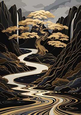 Serene Mountain Landscape with Golden Tree