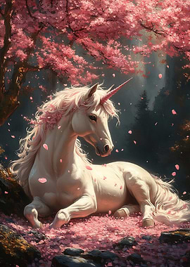 Unicorn in a Cherry Blossom Forest