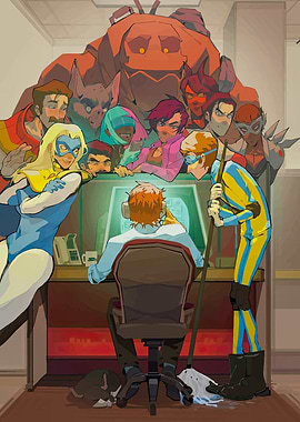 Superhero Team Around Computer