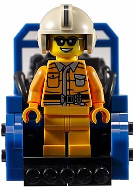 Lego minifigure in a blue vehicle