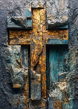 Golden Distressed Cross Stone Relief