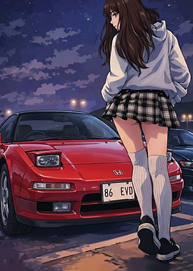 Anime girl with red honda nsx at night