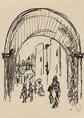 Sketch of figures under an archway