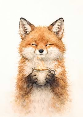 Cute Fox Enjoying Coffee
