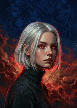 Woman with red eyes and white hair