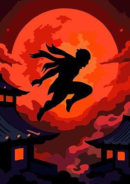 Ninja Leaping Under a Blood Moon