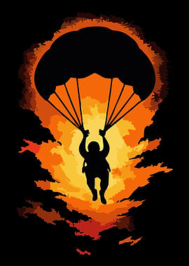 Skydiver silhouette against fiery background