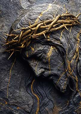 Golden Jesus Crown Stone Relief