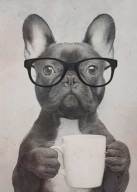 Pug with Glasses Holding Coffee