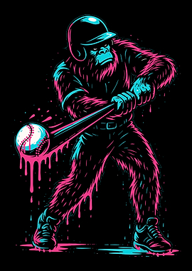 Neon Bigfoot Baseball Poster, Funny Sports Wall Art, Dripping Neon Monster Print