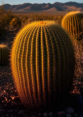Golden Barrel Cactus in Desert Sunset