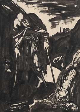 Figure with Canes in Dark Landscape