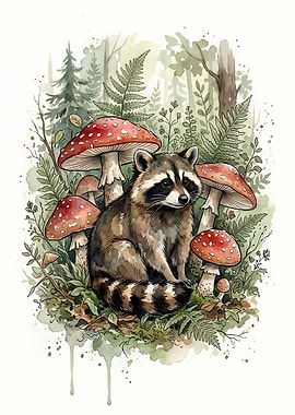 Raccoon Among Mushrooms