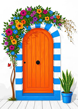 Vibrant Floral Archway with Orange Door