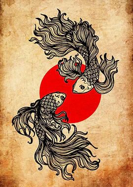 Two Koi Fish and Red Sun