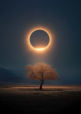 Solar Eclipse Over Desert Tree