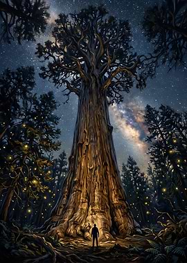 Giant Sequoia Night Sky — Nature Poster, Mystical Tree Wall Decor, Dark Fantasy Landscape, Firefly Fores
