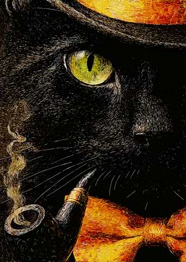 Dapper Black Cat with Pipe and Bowtie